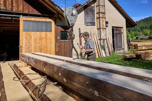 A carpenter working outside of the sawmill on a sunny day with woods in front of him