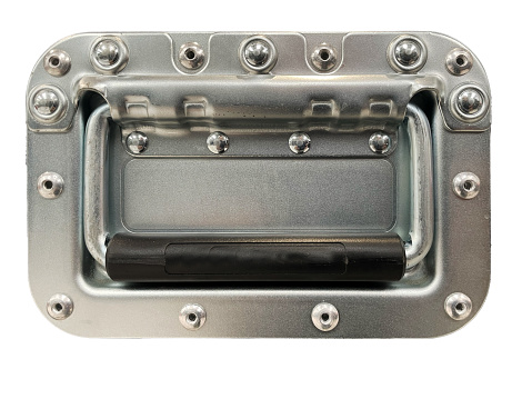A metal riveted flight case handle on a plain white background