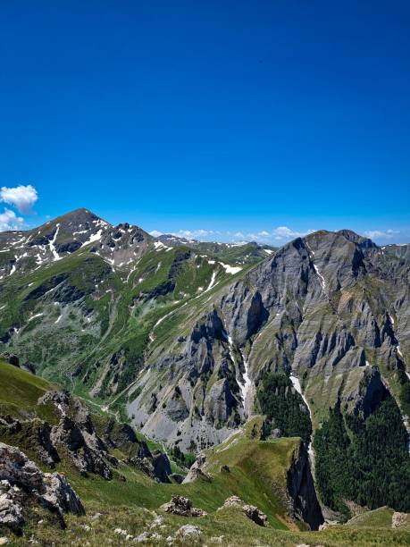 istock Gorgeous landscape with tall mountains and green fields under a bright blue sky on a sunny day 1432835730