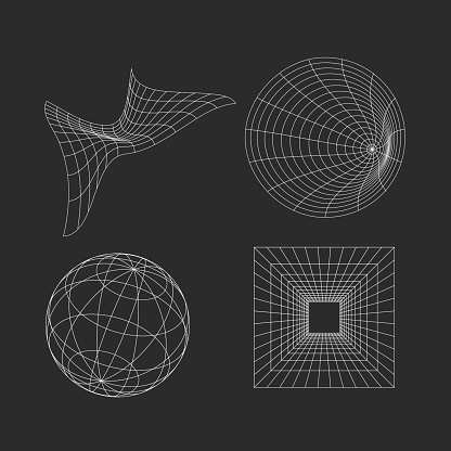Set of 3D distorted digital shapes, grid. Vector illustration
