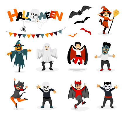Set of Halloween characters. Ghost, scarecrow, witch, vampire, bat, death grim reaper, pumpkin head.