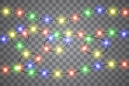 Christmas lights isolated realistic design elements. Glowing lights for Xmas Holiday cards, banners, posters, web design. Garlands decorations. Vector illustration.