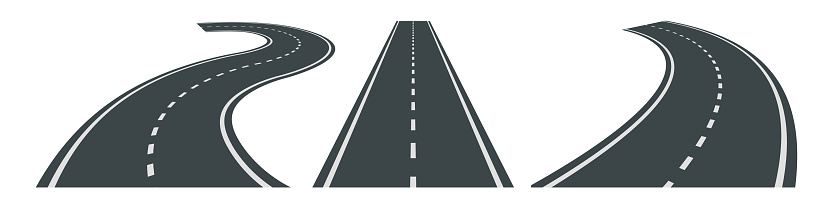 Vector illustration of bending roads with white markings isolated on white background. Set of asphalt roads in perspective view. Collection of empty straight and curved highways.