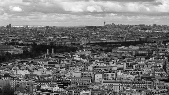 Paris skyline view from Eiffel Tower. Black and white.