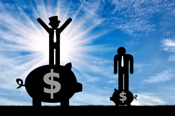 Inequality concept. Poor and rich flat icons people standing on piggy banks