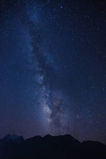 istock Vertical shot of Milky Way in blue with mountains' silhouette underneath. 1432843763