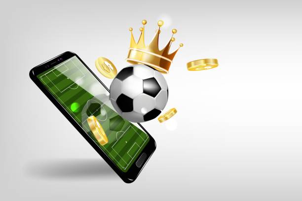 白い背景にサッカーボール、金の王冠、落下するコインを備えたモービル電話。 - mobile phone soccer symbol internet点のイラスト素材／クリップアート素材／マンガ素材／アイコン素材