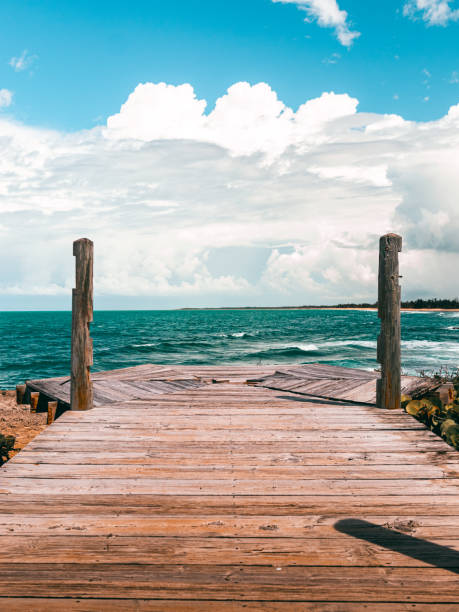 ponte de madeira pacífica na costa com bela vista da praia de puerto rico piñones la posita - peacefull - fotografias e filmes do acervo