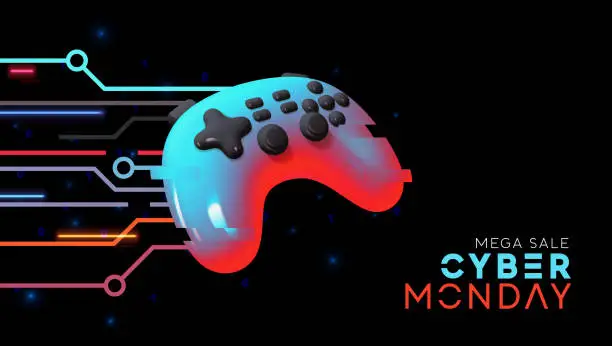 Vector illustration of Cyber Monday Sale Concept. Hi-tech background kinetic energy glowing neon blue light effect with realistic 3d modern game controller. Web Banner, Holiday promo poster. Vector illustration