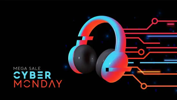 Vector illustration of Cyber Monday Sale Concept. Hi-tech background kinetic energy glowing neon blue light effect with realistic 3d modern music headphones. Web Banner, Holiday promo poster. Vector illustration