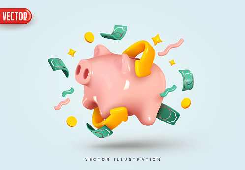 Piggy bank with Money creative business concept. Realistic 3d design. Pink pig keeps gold coins. Keep and accumulate cash savings. Safe finance investment. Financial services. vector illustration