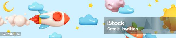 Space Header Rocket Flying Space Rocket In The Sky With Clouds Spaceship In Space Around ...