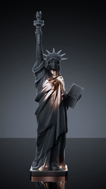 Gray Statue of Liberty in miniature, covering with gold on a black background
