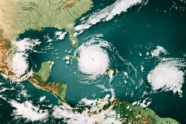 Three Hurricanes Katia Irma Jose 2017 Cloud Map Caribbean Sea 3D Render Color stock photo