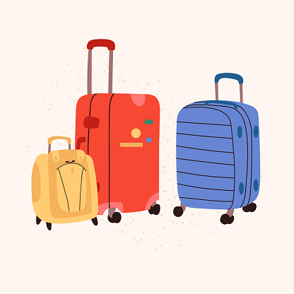 Vector baggage in doodle style. Isolated plastic and fabric luggage illustration for tourism, journey concept, suitcase, bags