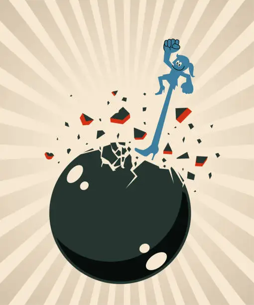 Vector illustration of A woman breaks an iron ball with her powerful leg, the concept of breakthrough, revolution, conquering adversity, breaking the rules, and escaping from bondage