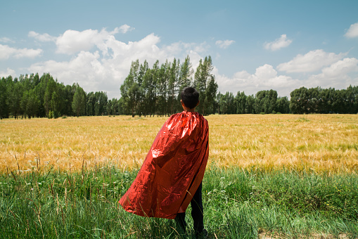 Young superman looking and contemplating  towards wheet fields