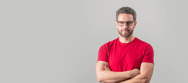 istock Man face portrait, banner with copy space. vision acuity and eyesight. vision correction for male eye health. optical eyecare. 1432855807