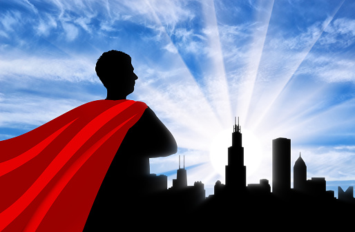 Superhero businessman superhero. Silhouette of confident businessman Superhero looking at metropolis city at dawn