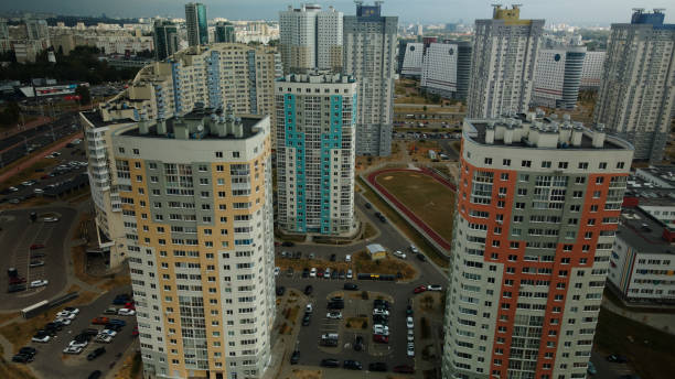 istock Modern urban architecture. Multi-storey buildings with infrastructure. Densely populated urban area. Overcast weather. Aerial photography. 1432856147