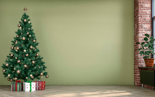 istock Empty unfurnished nostalgic retro living room with a khaki green plaster wall and partly ruined brick wall and Christmas decoration 1432857816