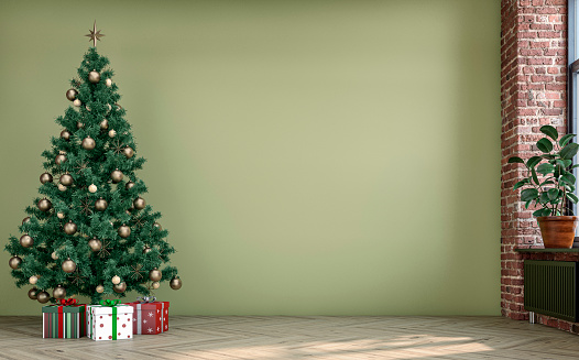 Empty unfurnished nostalgic retro living room with a few wrapped gifts under the Christmas-decorated tree in front of an empty khaki green plaster wall with copy space. A partly ruined brick wall with a radiator heater under the window on a side and decoration (potted plant ficus) on the hardwood floor. 3D rendered image.