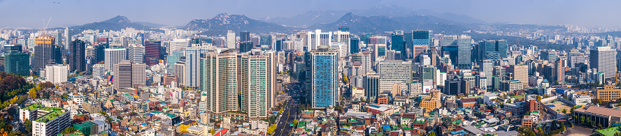 Aerial panorama over the crowded high-rise cityscape of central Seoul, South Korea’s vibrant capital city.