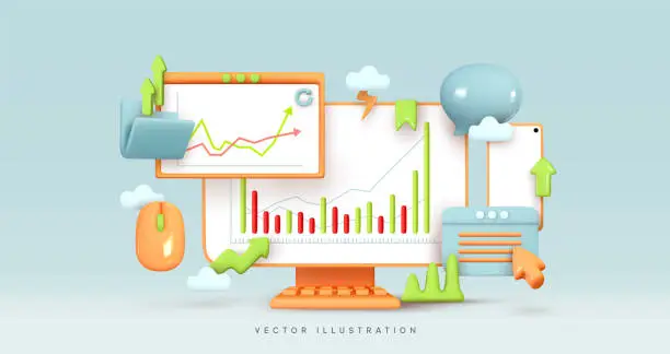 Vector illustration of Business data analysis. Stock investment exchange. Financial statistics. Finance Infographic report market analysis. Desktop monitor computer. Creative concept idea, realistic 3d. Vector illustration