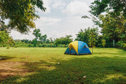 Tourist camping tent in the lawn green grass