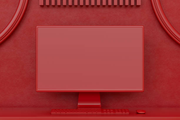 3D render, empty computer screen monitor on red background, minimal technology concept. New year, Christmas concept.