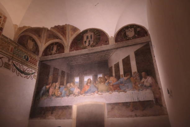 밀라노 산타 마리아 델레 그라지 (santa maria delle grazie) 교회에서 찍은 실제 그림 "최후의 만찬"의 사진 - last supper 뉴스 사진 이미지