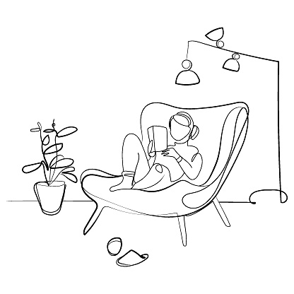 Woman reading a book sitting in a comfortable modern armchair at home in a cozy environment. Line drawing,vector illustration.Reading books at home.Modern living room interior