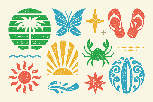Summer symbols and objects set vector illustration. Summer sandals with sea crab and rising sun. Abstract surfboard on waves. Bright star and holiday symbols. Vector flat illustration set