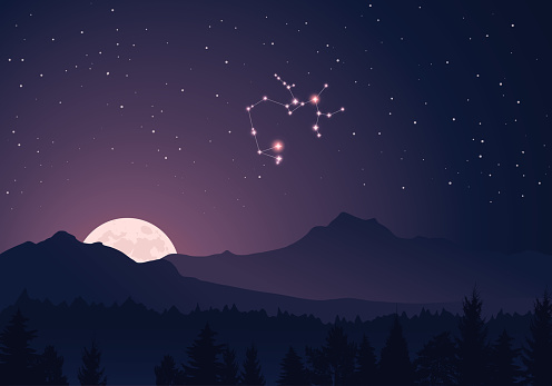 Vector constellation Saggitarius in the night sky. Rising moon behind the misty hills, dense forest. Constellation in the starry sky.