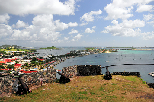 Fort Saint-Louis bastion with cannons, Marigot city and bay panorama, Saint Martin (French part)
