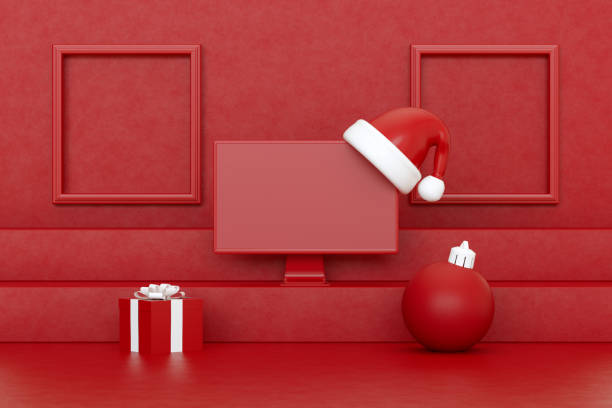 istock Empty computer monitor screen on ladder red background new year Christmas concept 1432862020