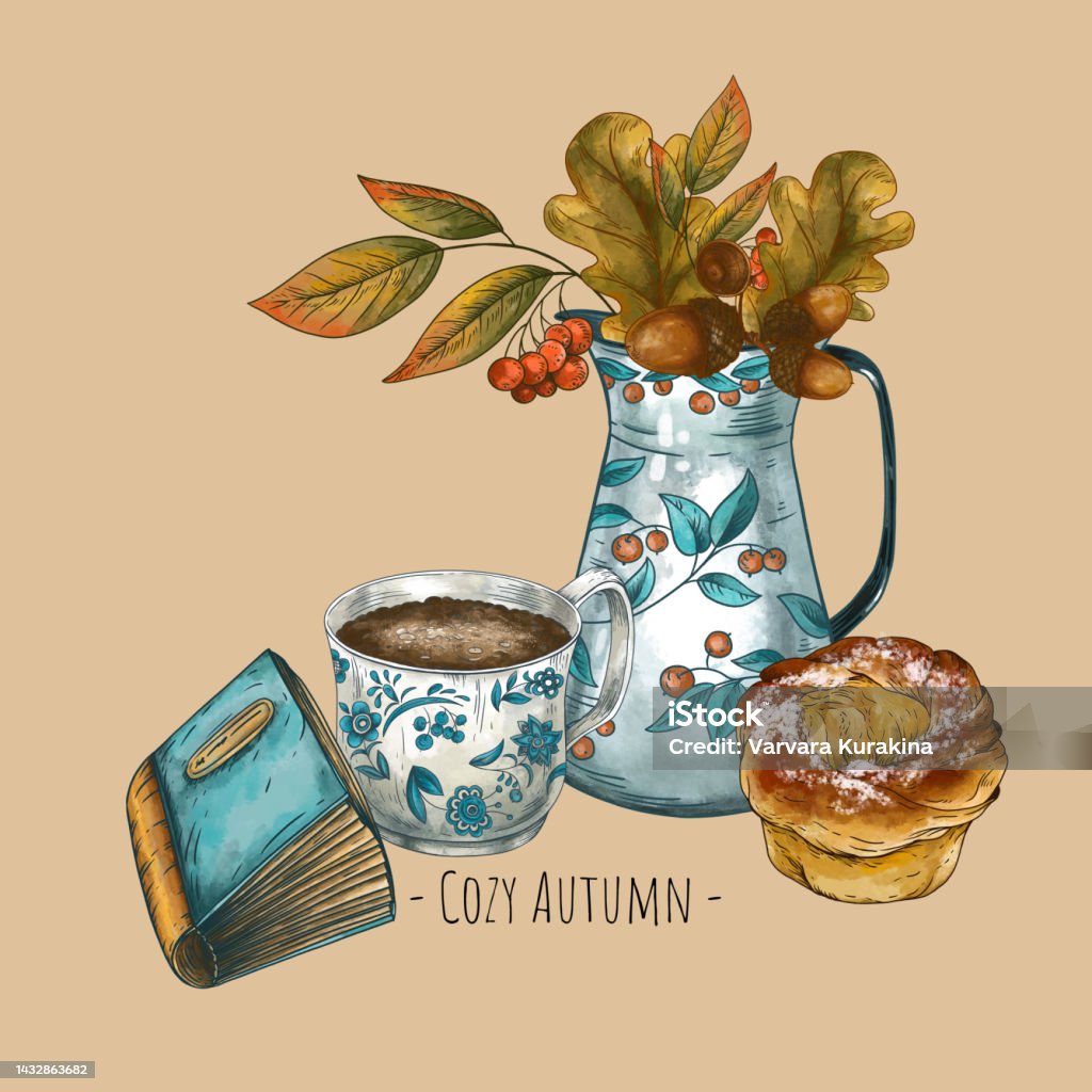 Aesthetic Coffee Break Scandinavian Fika Tea Time Vintage Illustration ...