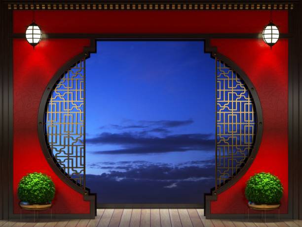 istock Red and gold east asian wall partition 1432863952