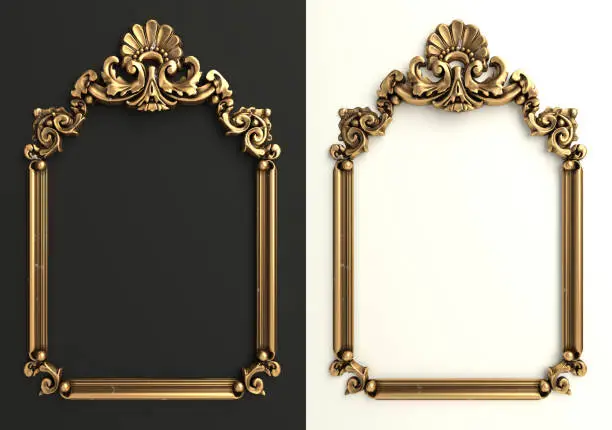 3d illustration. Classic gold frame set in the Baroque style. Cover or postcard. Black marble. Background