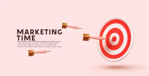 Vector illustration of Marketing time concept. Targeting the business. Realistic 3d design target and arrows. Vector illustration