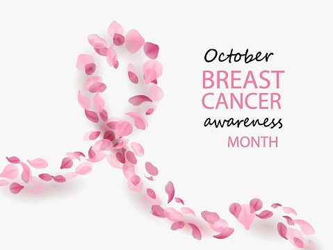 Breast cancer awareness month. Background with pink ribbon made of pink flying petals. Vector illustration. For web banner, print, poster, header
