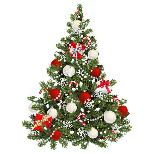 ilustraciones, imágenes clip art, dibujos animados e iconos de stock de concepto de árbol de navidad nevado vectorial - luces de navidad