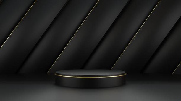 istock 3d rendering black podium with gold trim and black wall for product advertisement 1432868056