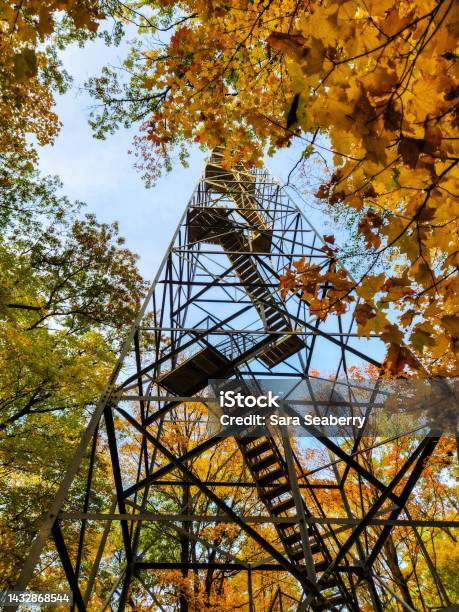 Tall Fire Tower Through Autumn Trees Stock Photo - Download Image Now - Autumn, Staircase, Steps