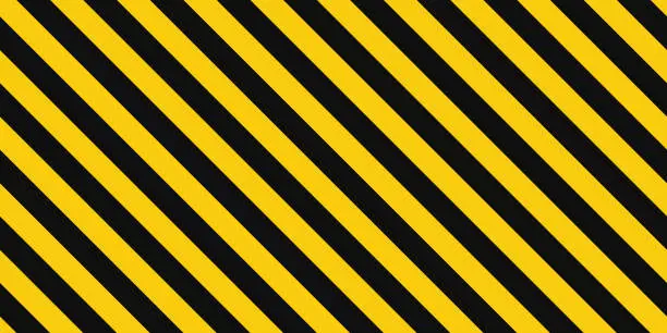 Vector illustration of Warning seamless pattern with yellow and black diagonal stripes. Warn caution background. Yellow and black lines tape. Hazard caution sign seamless texture. Vector illustration