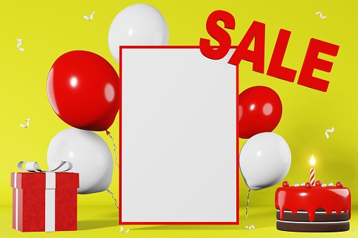 Sale text discount banner mockup Hot offer Best price 3d rendering yellow background. Red gift box levitating white balloons cake. Online shopping promotion. Shop coupon advertisement poster template