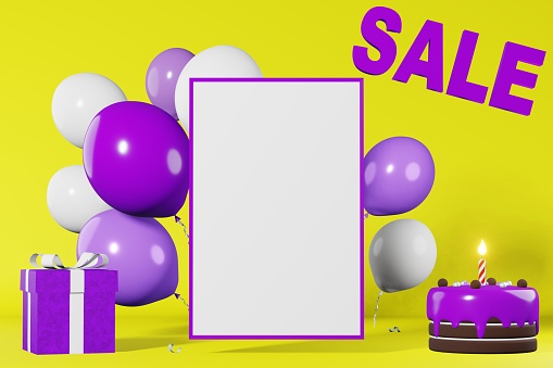 Sale text discount banner mockup Hot offer Best price 3d rendering yellow background. Purple gift box levitating white balloons cake.Online shopping promotion Shop coupon advertisement poster template