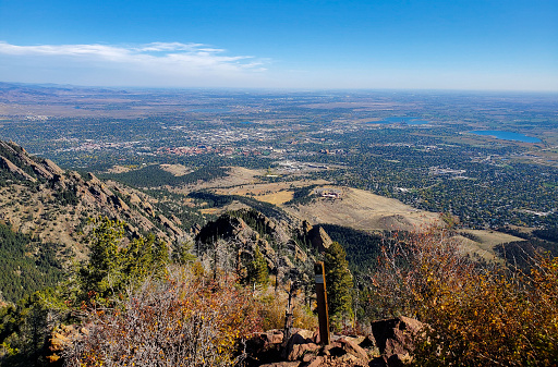 Trail sign post near the top of Bear Peak, looking down on Boulder, Colorado.