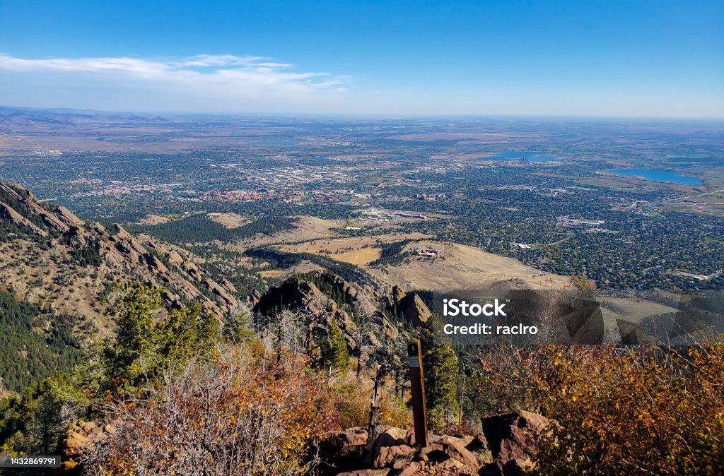 Trail sign post near the top of Bear Peak, looking down on Boulder, Colorado. Above Stock Photo