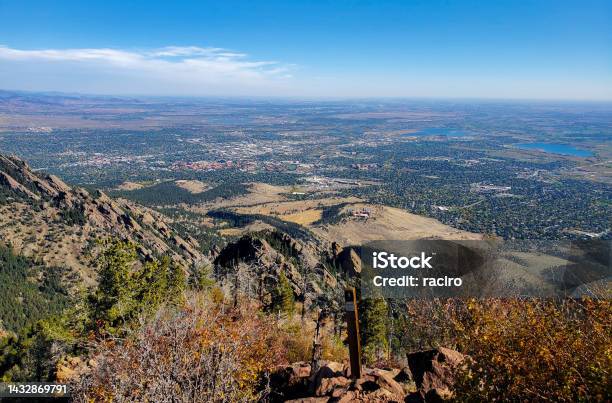 Trail Sign Post Near The Top Of Bear Peak Looking Down On Boulder Colorado Stock Photo - Download Image Now
